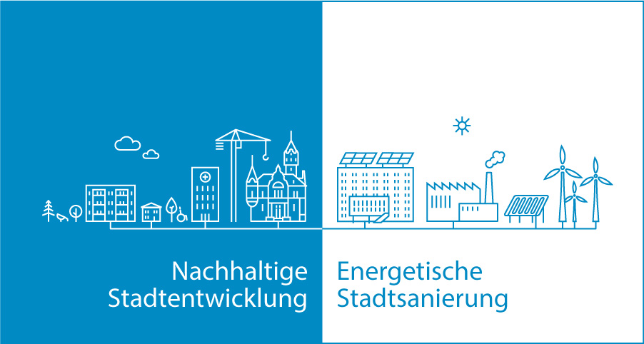 Illustration aus verschiedenen urbanen Ikons zum Thema Nachhaltiger Stadtentwicklung und Energetische Stadtsanierung, unter anderem ein Wohnblock, eine Kirche, ein Kran, das Rathaus, ein Bürogebäude mit Photovoltaik, ein Kraftwerk, drei Windräder
