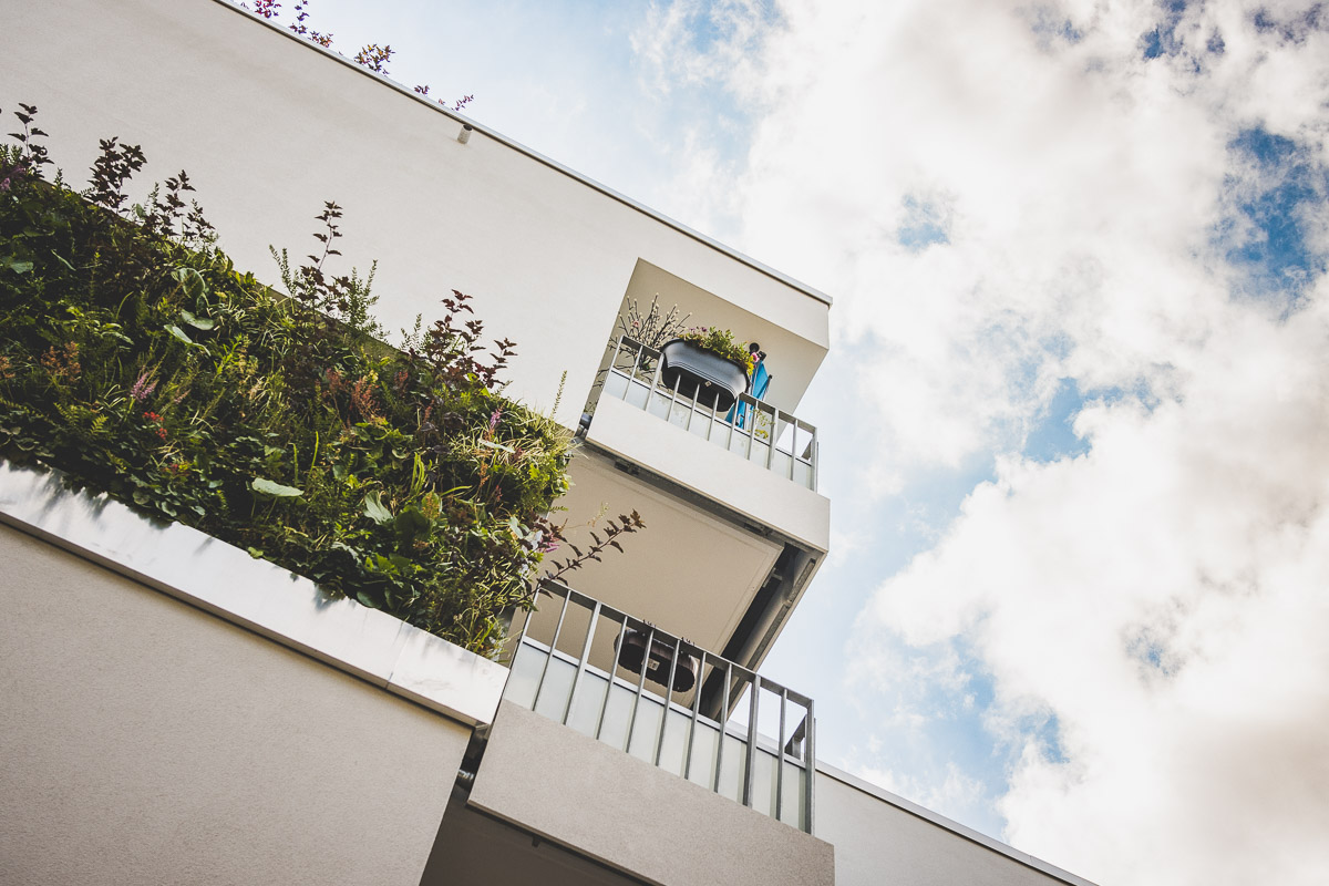 Begrünte Fassade und Balkon im sozialen Wohnungsbau WBGreenOne in Nordhausen