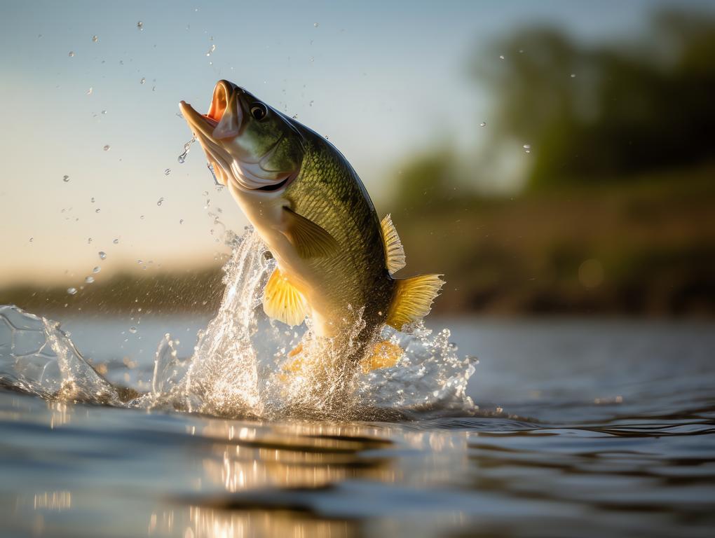 großer Fisch springt aus Wasseroberfläche eines Sees, im Hintergrund grüner Uferbereich