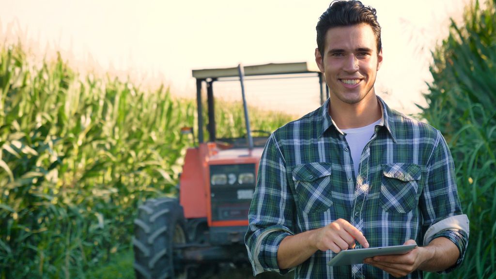 Junger Bauer mit Karohemd steht im Maisfeld und erfasst Daten auf einem Tablet, im Hintergrund ein Traktor