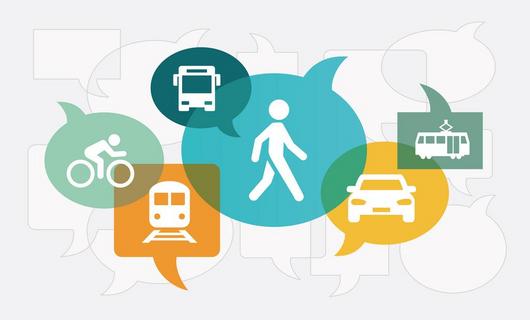Illustration verschiedener Mobilitätsmöglichkeiten mittels Icons für Rad, Bahn, Bus, Zug, zu Fuß und Auto.