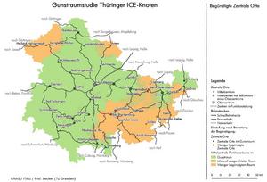 Kartendarstellung von Thüringen auf der die begünstigten und nicht begünstigen Regionen der ICE-Anbindung zu sehen sind