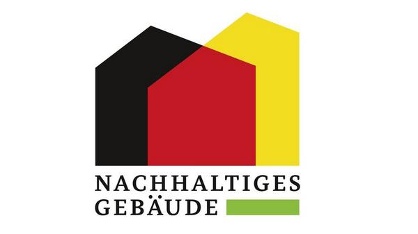 Logo nachhaltiges Gebäude in schwarz, rot, gelb