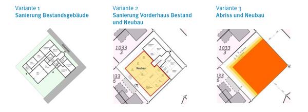 Planungsskizzen der 3 verschiedenen Varianten zum Umbau des Bildungscampus Großbreitenbach