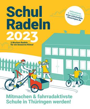 Gezeichnete Kinder und Eltern mit Fahrrädern vor einer Schule