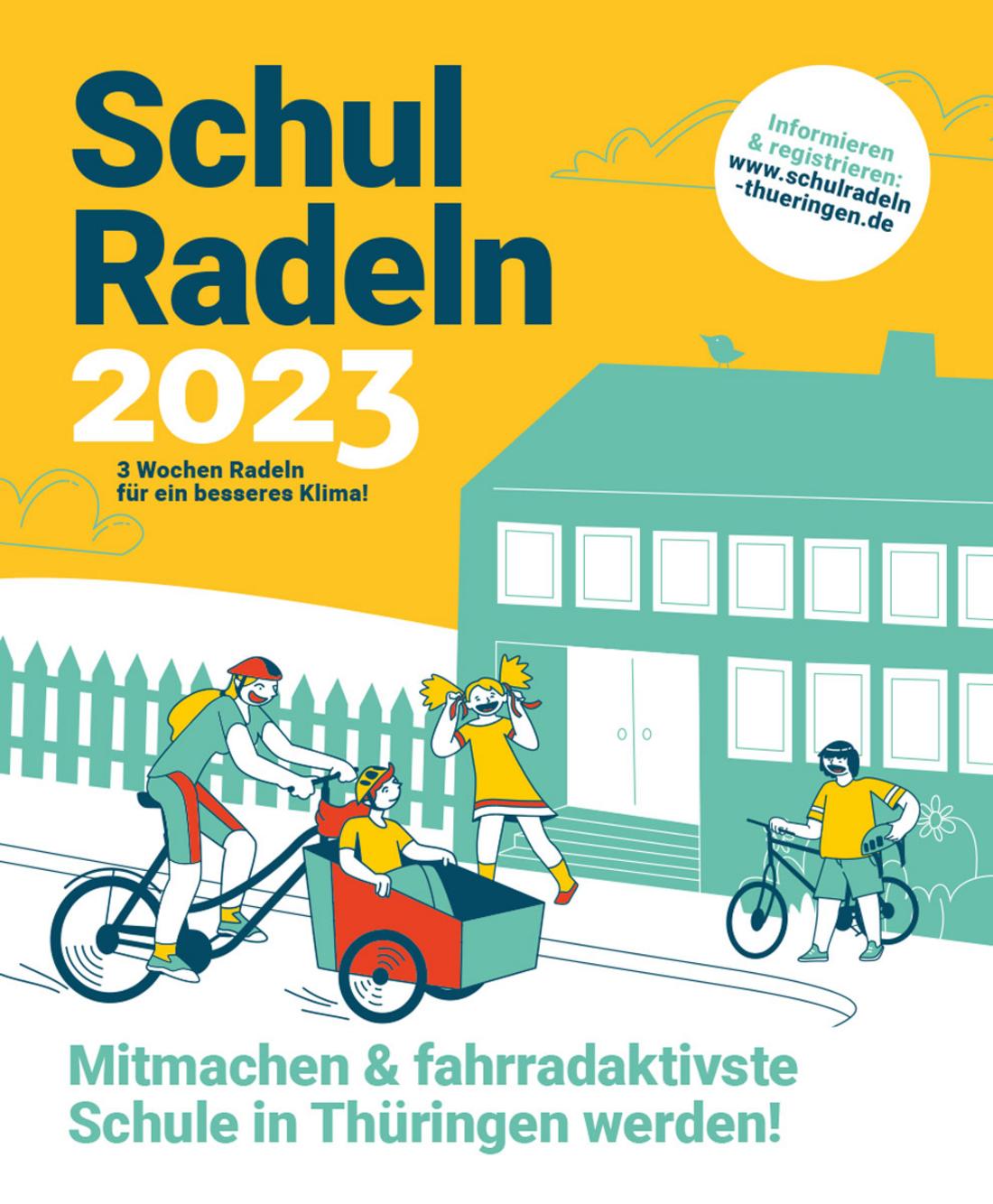 Gezeichnete Kinder und Eltern mit Fahrrädern vor einer Schule