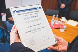 Ehrenurkunde"Ehrennadel in Gold" für Dipl.-Ing. Gunter Lencer
