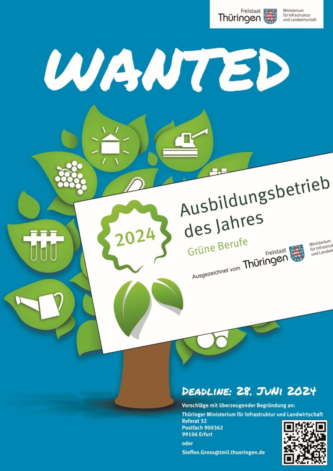 Plakat zur Ausschreibung für die Auszeichnung zum Ausbildungsbetrieb des Jahres 2024 in den Grünen Berufen
