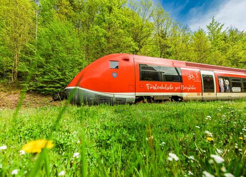 roter Triebwagen fährt durch grüne Landschaft