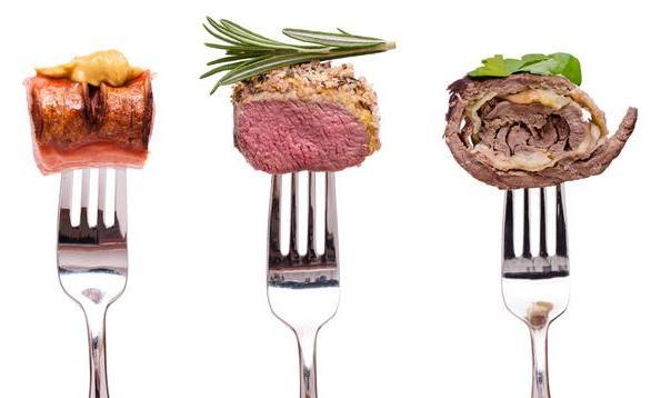 Fleisch vom Wild - Wurst, Roulade und Braten auf einer Gabel